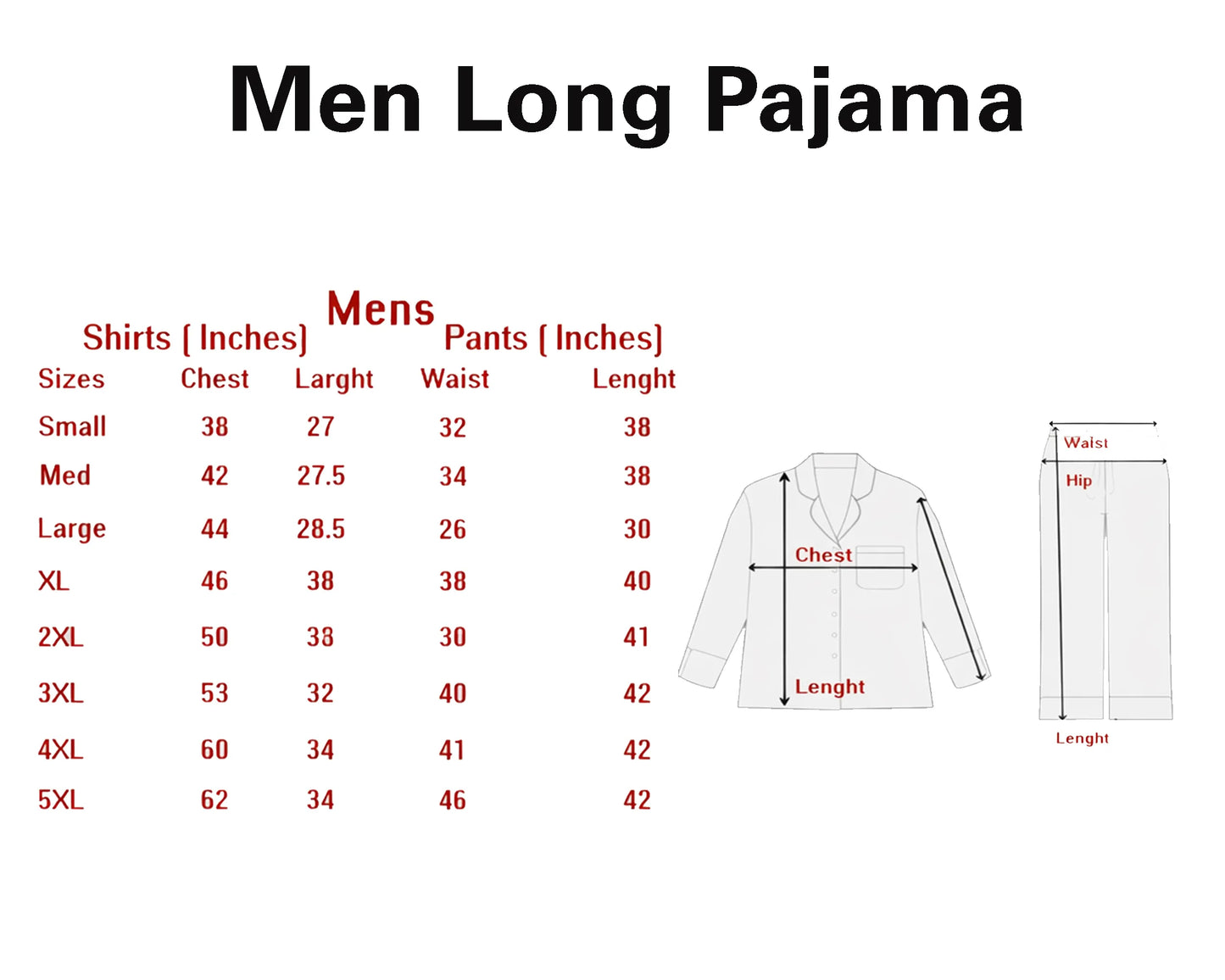 Measurement chart for men's long pajama sizes with shirt and pants dimensions.
