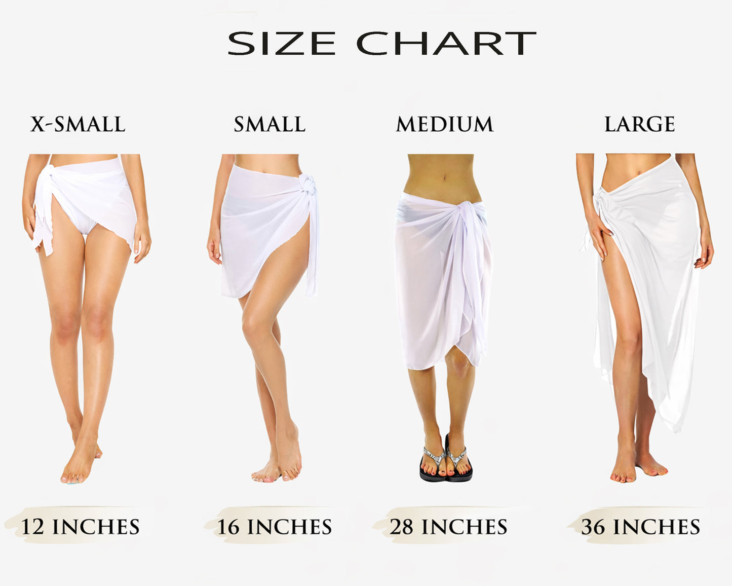 Size chart showing different lengths of a white wrap on models with corresponding measurements.