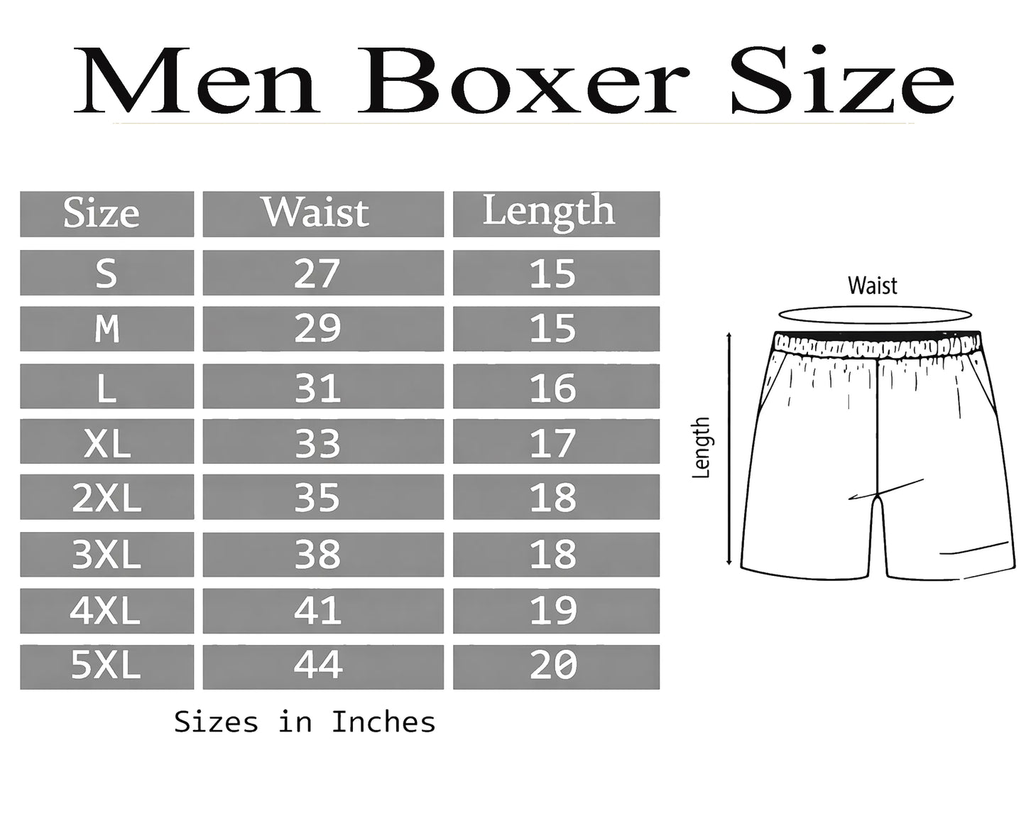 Men's boxer size chart with waist and length measurements on a white background