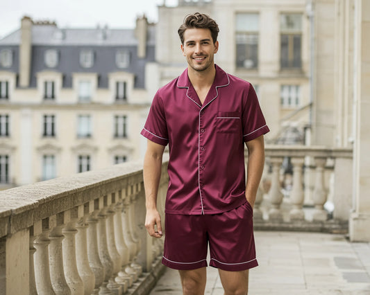 Men’s Luxury Satin Pajama Set – Breathable Short Sleeve PJs with Shorts