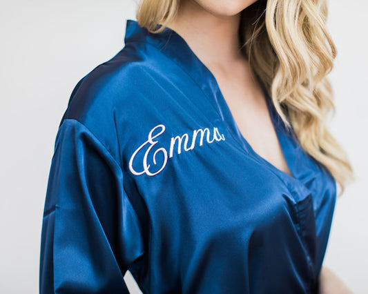 Bridesmaid Satin Robe with Embroidery Text options.