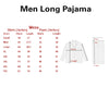 Measurement chart for men's long pajama sizes with shirt and pants dimensions.