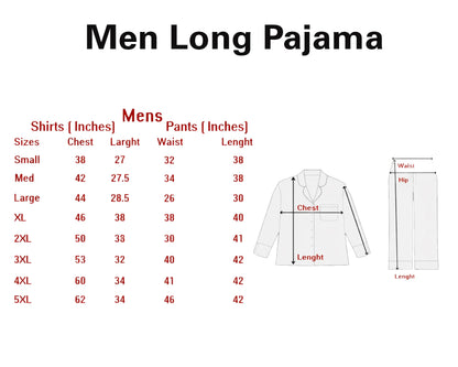 Measurement chart for men's long pajama sizes with shirt and pants dimensions.