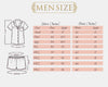 Men's size chart for shirts and pants with corresponding measurements.