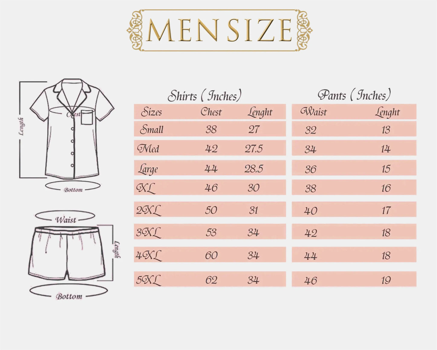 Men's size chart for shirts and pants with corresponding measurements.