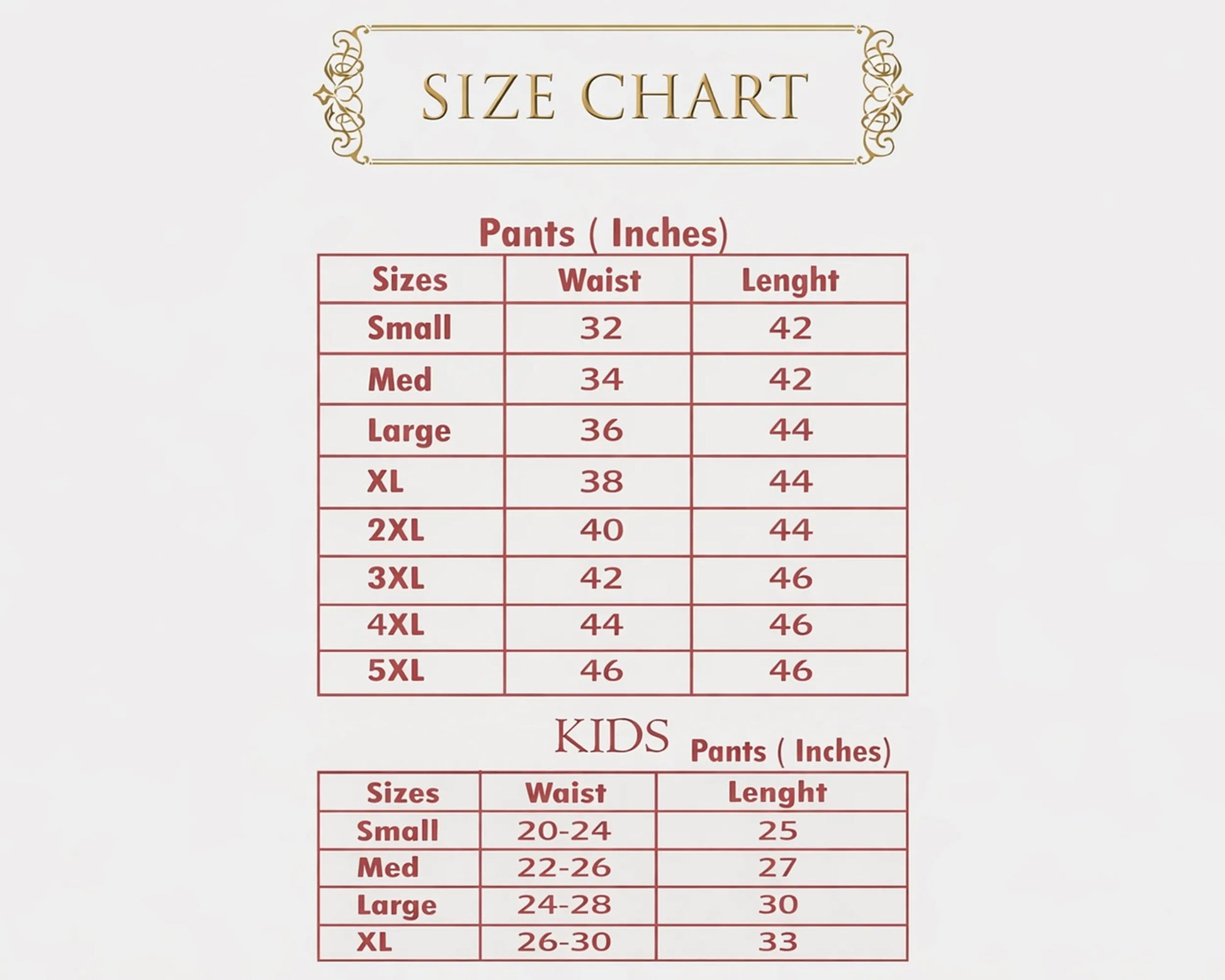 Size chart for pants and kids' pants in inches on a white background