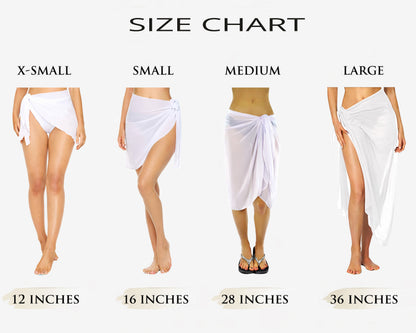Size chart showing different lengths of a white wrap on models with corresponding measurements.