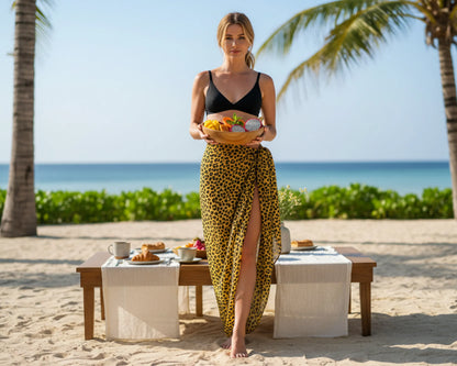 Woman holding a bowl of fruit on a beach with a table set up in front of her.