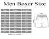 Men's boxer size chart with waist and length measurements on a white background