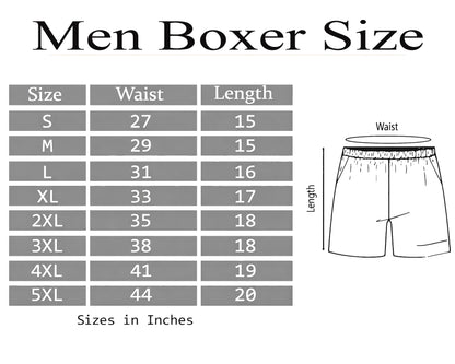 Men's boxer size chart with waist and length measurements on a white background